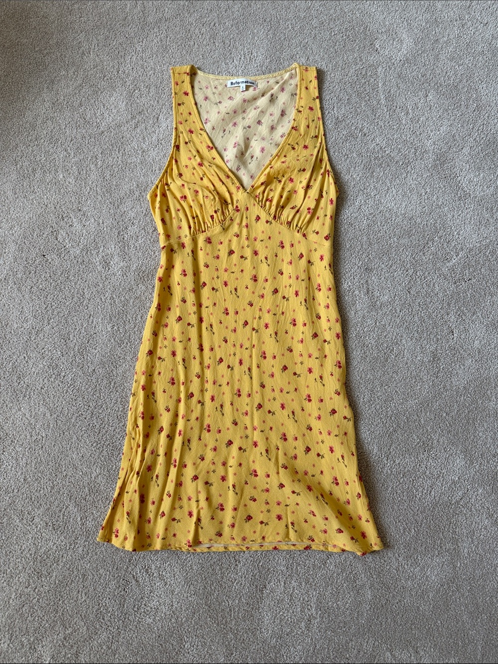 Reformation Yellow Floral V-Neck Slip Dress with Red Accents
